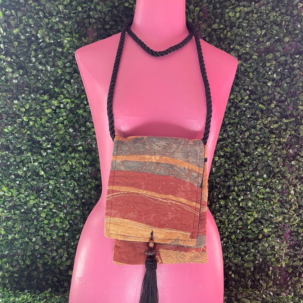 Vintage Red and Orange Crossbody Bag with Decorative Panel